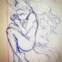 Size: 1080x1080 | Tagged: safe, artist:beyond_inside, oc, oc only, oc:snow t. chaos, unicorn, anthro, eyes closed, horn, lineart, nudity, signature, sleeping, solo, traditional art, unicorn oc