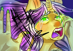 Size: 1440x1008 | Tagged: safe, artist:beyond_inside, oc, oc only, oc:snow t. chaos, unicorn, anthro, bust, crying, horn, nail polish, open mouth, signature, unicorn oc