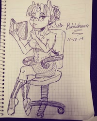 Size: 1080x1350 | Tagged: safe, artist:beyond_inside, twilight sparkle, unicorn, anthro, unguligrade anthro, g4, book, clothes, female, glasses, graph paper, inktober, inktober 2019, lineart, reading, shhh, sitting, solo, style emulation, traditional art, unicorn twilight