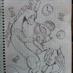 Size: 1080x1080 | Tagged: safe, artist:beyond_inside, discord, fluttershy, draconequus, pegasus, pony, g4, alternate hairstyle, clock, crying, female, graph paper, hair bun, hourglass, immortality blues, inktober, inktober 2019, lineart, male, older, older fluttershy, traditional art, wings