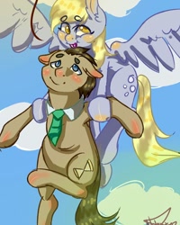 Size: 1080x1350 | Tagged: safe, artist:beyond_inside, derpy hooves, doctor whooves, time turner, pegasus, pony, g4, blushing, cloud, female, flying, holding a pony, male, mare, necktie, outdoors, signature, smiling, stallion, wings
