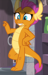 Size: 596x939 | Tagged: safe, screencap, smolder, dragon, g4, molt down, amused, claws, cropped, cute, dragoness, fangs, female, folded wings, grin, horns, leaning, smiling, smirk, smoke, smolderbetes, smugder, solo, teenaged dragon, teenager, toes