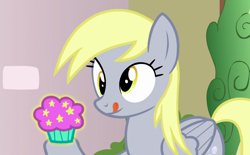 Size: 1080x671 | Tagged: safe, edit, edited screencap, screencap, derpy hooves, pegasus, pony, g4, triple threat, crossover, fairyversary muffin, food, muffin, solo, the fairly oddparents, this will not end well, tongue out