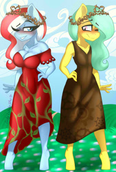 Size: 1280x1895 | Tagged: safe, artist:ladylullabystar, oc, oc only, earth pony, anthro, unguligrade anthro, big breasts, blushing, breasts, cleavage, clothes, crown of thorns, dress, duo, female, one eye closed