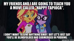 Size: 600x337 | Tagged: safe, edit, edited screencap, screencap, sci-twi, sunset shimmer, twilight sparkle, equestria girls, g4, my little pony equestria girls: legend of everfree, caption, image macro, memeful.com, scooby-doo!, scooby-doo! mystery incorporated, text