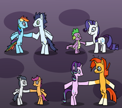 Size: 1600x1412 | Tagged: safe, artist:platinumdrop, rainbow dash, rarity, rumble, scootaloo, soarin', spike, starlight glimmer, sunburst, g4, bipedal, dancing, female, male, request, ship:rumbloo, ship:soarindash, ship:sparity, ship:starburst, shipping, straight