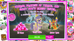 Size: 1920x1080 | Tagged: safe, gameloft, idw, screencap, swift foot, terri belle, twilight sparkle, earth pony, pony, thracian, g4, advertisement, armor rack, costs real money, female, guardsmare, introduction card, mare, royal guard, thrace