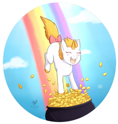 Size: 1024x1077 | Tagged: safe, artist:foxhatart, oc, oc only, oc:honey, pony, unicorn, coin, cute, female, mare, ocbetes, pot of gold, solo