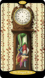 Size: 1500x2591 | Tagged: safe, artist:sixes&sevens, part of a set, oc, oc:paradox, draconequus, arm behind back, butterfly wings, clothes, draconequus oc, grandfather clock, hanging, hanging upside down, major arcana, scarf, tarot card, the hanged man, upside down, wings