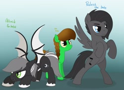 Size: 2480x1797 | Tagged: safe, artist:dyonys, oc, oc:angelo, oc:lucky brush, oc:tanner, bat pony, earth pony, pegasus, pony, bipedal, cute, female, male, mare, spread wings, stallion, text, wings