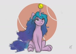 Size: 1984x1403 | Tagged: safe, artist:appletree_at, izzy moonbow, pony, unicorn, g5, abstract background, ball, female, horn, horn guard, horn impalement, hornball, izzy's tennis ball, mare, signature, sitting, solo, tennis ball