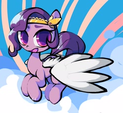 Size: 2048x1879 | Tagged: safe, artist:thatna4, pipp petals, pegasus, pony, g5, abstract background, adorapipp, cloud, cute, female, flying, headband, looking at you, mare, open mouth, open smile, red eyes, red-eyed pipp, smiling, solo, wings