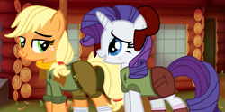 Size: 1189x589 | Tagged: safe, artist:jadeharmony, artist:xxkawailloverchanxx, applejack, rarity, earth pony, pony, unicorn, g4, bandana, base used, bedroom eyes, belt, blushing, boots, cabin, camp camp, clothes, cosplay, costume, crossover, david (camp camp), female, freckles, gwen (camp camp), gwenvid, hat, lesbian, looking at each other, mare, rooster teeth, ship:rarijack, shipping, shirt, shoes, shorts, socks, t-shirt