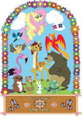 Size: 563x873 | Tagged: safe, angel bunny, clementine, fluttershy, harry, owlowiscious, philomena, tank, bear, beaver, bird, butterfly, chipmunk, duck, flamingo, giraffe, owl, phoenix, rabbit, tortoise, fluttershy leans in, g4, animal, cloud, colored, digitally colored, flower, logo, sign, sweet feather sanctuary, zoo