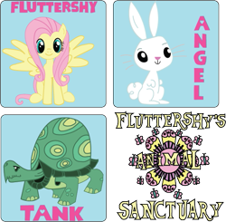Size: 569x558 | Tagged: safe, angel bunny, fluttershy, tank, butterfly, fluttershy leans in, g4, animal, colored, digitally colored, flower, logo, sweet feather sanctuary, zoo