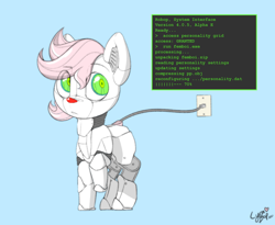 Size: 1100x900 | Tagged: safe, artist:lyrabop, oc, oc only, oc:robop, earth pony, pony, robot, robot pony, cable, red nose, solo, text