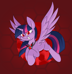 Size: 2431x2491 | Tagged: safe, artist:moonatik, twilight sparkle, alicorn, pony, g4, abstract background, alicorn amulet, corrupted, corrupted twilight sparkle, evil, evil smile, fallen hero, flying, grin, high res, implied princewhateverer, raised hoof, red eyes, smiling, solo, spread wings, traitor sparkle, twilight sparkle (alicorn), tyrant sparkle, wings