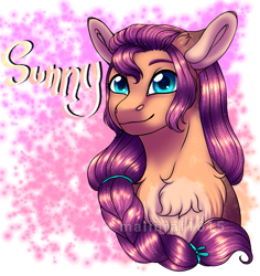 Size: 779x825 | Tagged: safe, artist:malinraf1615, sunny starscout, earth pony, pony, g5, braid, bust, chest fluff, female, looking at you, portrait, smiling, solo, text