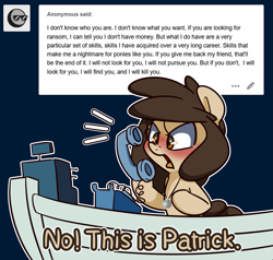 Size: 1625x1547 | Tagged: safe, artist:lou, oc, oc only, oc:louvely, pony, ask, big pink loser, boat, male, meme, patrick star, phone, solo, spongebob squarepants, tumblr