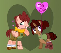 Size: 1634x1418 | Tagged: safe, artist:jadeharmony, artist:katnekobase, pegasus, pony, unicorn, g4, balloon, bandana, base used, blushing, boots, camp camp, clothes, crossover, david (camp camp), female, grin, gwen (camp camp), gwenvid, male, mare, non-mlp shipping, ponified, raised hoof, rooster teeth, shipping, shirt, shoes, shorts, smiling, socks, stallion, straight, t-shirt, watch, wristwatch