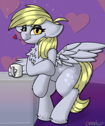 Size: 1034x1240 | Tagged: safe, artist:llametsul, derpy hooves, pegasus, pony, g4, chest fluff, cute, cutie mark, derpabetes, drunk, drunk bubbles, eyeshadow, female, floppy ears, heart, looking at you, makeup, mare, mug, solo, wing fluff, wing hands, wing hold, wings