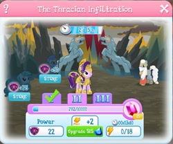 Size: 757x630 | Tagged: safe, gameloft, screencap, king diomedes, starlight glimmer, pony, thracian, unicorn, g4, armor, clothes, female, gem, helmet, male, mare, stallion