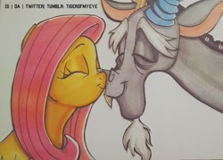 Size: 1531x1098 | Tagged: safe, artist:tiger-of-my-eye, discord, fluttershy, draconequus, pony, g4, bust, duo, eyes closed, female, male, mare, nuzzling, ship:discoshy, shipping, smiling, straight, traditional art