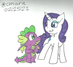 Size: 976x898 | Tagged: safe, artist:cmara, rarity, spike, dragon, pony, unicorn, g4, bedroom eyes, eyeshadow, female, grin, makeup, male, ship:sparity, shipping, simple background, smiling, straight, traditional art, white background, winged spike, wings