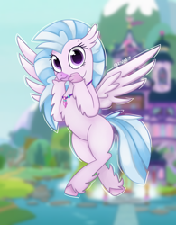 Size: 2500x3200 | Tagged: safe, artist:rivin177, silverstream, classical hippogriff, hippogriff, g4, school daze, cute, diastreamies, female, flying, high res, jewelry, necklace, pond, school of friendship, signature, solo, wings