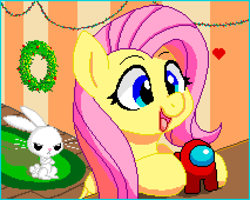 Size: 2130x1700 | Tagged: safe, artist:handgunboi, edit, angel bunny, fluttershy, pegasus, pony, rabbit, g4, among us, animal, crewmate (among us), cute, female, happy, mare, open mouth, pixel art, shyabetes, simple background, solo, white background