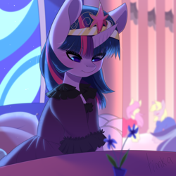 Size: 4000x4000 | Tagged: safe, artist:yuozka, twilight sparkle, pony, fanfic:crossing the trixie bridge, g4, absurd resolution, big crown thingy, canterlot castle, clothes, crown, element of magic, female, flower, jewelry, looking down, mare, regalia, solo