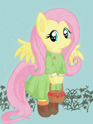 Size: 1200x1600 | Tagged: safe, artist:podiponi, fluttershy, pegasus, pony, g4, basket, bipedal, boots, clothes, cottagecore, cute, daaaaaaaaaaaw, dress, female, heart eyes, hoof hold, looking at you, mare, plants, shoes, shyabetes, smiling, solo, spread wings, three quarter view, wingding eyes, wings