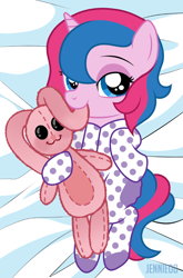 Size: 794x1200 | Tagged: safe, artist:jennieoo, oc, oc only, oc:star sparkle, pony, rabbit, unicorn, animal, bed, bedroom eyes, bedsheets, biting, clothes, ear bite, foal, footed sleeper, footie pajamas, onesie, pajamas, plushie, show accurate, sleepy, solo