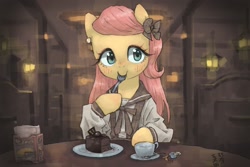 Size: 1800x1200 | Tagged: safe, artist:yanamosuda, fluttershy, pegasus, pony, g4, blushing, bow, cake, clothes, cup, cute, dessert, ear piercing, earring, eating, female, food, fork, front view, full face view, hair bow, herbivore, hoof hold, indoors, jewelry, looking at you, piercing, shyabetes, smiling, solo, table