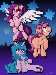 Size: 1662x2220 | Tagged: safe, artist:llametsul, izzy moonbow, pipp petals, sunny starscout, earth pony, pegasus, pony, unicorn, g5, ear fluff, female, flying, looking at you, looking up, mare, raised hoof, red eyes, red-eyed pipp, sitting, smiling, trio, underhoof, unshorn fetlocks, wings