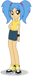 Size: 576x1356 | Tagged: safe, artist:amgiwolf, oc, oc only, oc:alexis vela, equestria girls, g4, clothes, denim shorts, female, hand on hip, happy, pigtails, shirt, shoes, shorts, simple background, smiling, sneakers, solo, t-shirt, transparent background, twintails