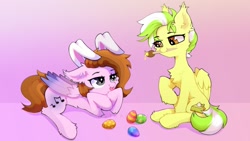 Size: 1876x1055 | Tagged: safe, artist:astralblues, oc, oc only, pegasus, pony, brush, bunny ears, chest fluff, cute, ear fluff, easter, easter egg, female, freckles, holiday, hoof fluff, leg fluff, looking at each other, lying down, male, mare, mouth hold, paintbrush, sitting, stallion, tongue out