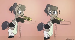 Size: 1429x766 | Tagged: safe, artist:davierocket, oc, oc only, oc:longfolia, earth pony, pony, apron, blushing, booties, booty shorts, clothes, crossdressing, duster, exclamation point, hair bun, looking at you, maid, male, messy bun, mouth hold, signature, socks, solo, sweat, sweatdrops, tied tail