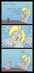 Size: 1000x2121 | Tagged: safe, artist:happy harvey, derpy hooves, dinky hooves, oc, oc:anon, pegasus, pony, unicorn, g4, accidental vore, colored pupils, comic, content, cookie, crumbs, dialogue, ear fluff, eating, exclamation point, eyes closed, female, filly, filly pred, food, food transformation, full mouth, gingerbread (food), gingerbread man, implied transformation, interrobang, mare, micro, phone drawing, question mark, shocked, sitting, smiling, spread wings, standing, table, vore, wings