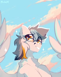 Size: 1200x1500 | Tagged: safe, artist:mirtash, oc, oc only, oc:kej, pegasus, pony, cloud, glasses, looking at you, male, sky, solo, spread wings, wings