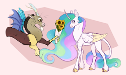 Size: 4393x2615 | Tagged: safe, artist:celticsphinx, discord, princess celestia, alicorn, draconequus, pony, g4, blushing, bouquet, cloven hooves, colored wings, female, flower, leonine tail, looking away, male, mare, ship:dislestia, shipping, straight, sunflower, wings