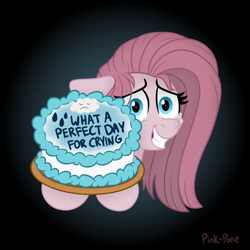 Size: 1700x1700 | Tagged: safe, artist:pink-pone, pinkie pie, earth pony, pony, g4, black and white, black background, cake, crying, floppy ears, food, grayscale, grin, looking at you, monochrome, pinkamena diane pie, simple background, smiling, solo, song reference