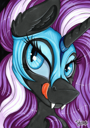 Size: 3446x4874 | Tagged: safe, artist:julunis14, nightmare rarity, pony, unicorn, g4, armor, bedroom eyes, bust, ear fluff, fangs, helmet, licking, markers, portrait, signature, solo, tongue out, traditional art