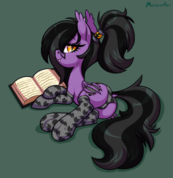 Size: 2400x2480 | Tagged: safe, artist:moonseeker, oc, oc only, oc:midnight oil, bat pony, pony, bat pony oc, bat wings, book, clothes, eyelashes, fangs, female, glasses, hairclip, high res, looking at you, lying down, mare, nerd, panties, simple background, socks, solo, underwear, wings