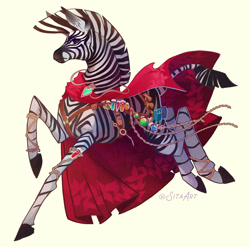 Size: 1500x1480 | Tagged: safe, artist:sitaart, oc, oc only, pony, zebra, action pose, cape, clothes, harness, jumping, looking at you, potion, solo, tack, zebra oc