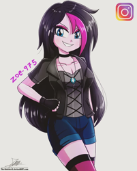 Size: 822x1020 | Tagged: safe, artist:the-butch-x, oc, oc only, oc:zoe star pink, equestria girls, g4, clothes, collar, confident, denim shorts, female, fingerless gloves, gift art, gloves, goth, hand on hip, instagram, jewelry, long hair, looking at you, necklace, shorts, smiling, smiling at you, solo