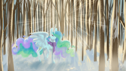 Size: 1920x1080 | Tagged: safe, artist:celticsphinx, princess celestia, alicorn, pony, g4, clothes, crepuscular rays, female, forest, mare, scarf, snow, solo, winter