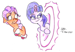 Size: 2472x1736 | Tagged: safe, artist:gafelpoez, starlight glimmer, sunny starscout, earth pony, pony, unicorn, g4, g5, :s, :t, female, generation leap, glowing horn, horn, mare, s5 starlight, time travel, time travel glimmer, traditional art, wavy mouth