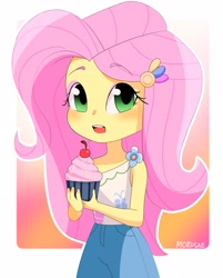 Size: 2283x2843 | Tagged: safe, artist:morusae, fluttershy, equestria girls, g4, abstract background, blushing, cherry, clothes, cupcake, cute, eyeshadow, female, food, high res, holding, looking at you, makeup, shyabetes, solo