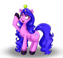 Size: 1300x1200 | Tagged: safe, artist:albertbm, izzy moonbow, pony, unicorn, g5, ball, bracelet, chest fluff, female, horn, horn guard, horn impalement, hornball, izzy's tennis ball, jewelry, looking up, mare, open mouth, raised hoof, simple background, solo, tennis ball, unshorn fetlocks, white background